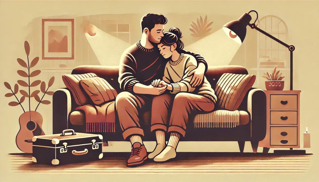 A couple maintaining a strong physical connection by cuddling and holding hands in a cozy home setting.