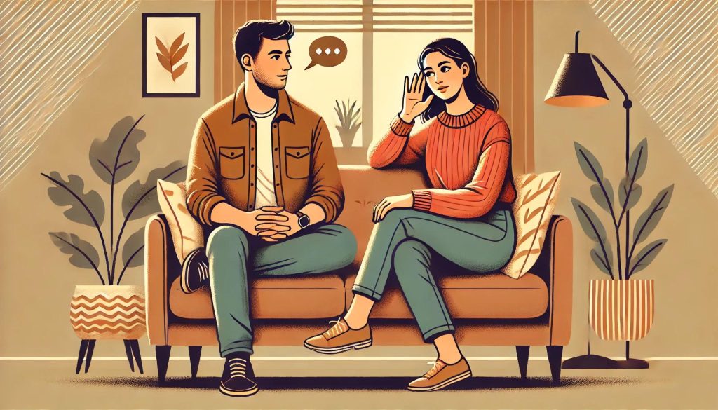 A couple practicing active listening, engaged in deep and empathetic conversation in a cozy home setting