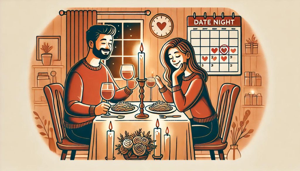 A couple enjoying a candlelit dinner at home, prioritizing quality time together without digital distractions.