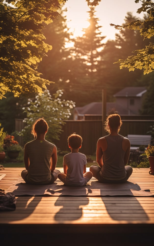Three people - two adults and a child - sit in meditation poses on a wooden deck at sunset, surrounded by lush foliage and warm golden light.